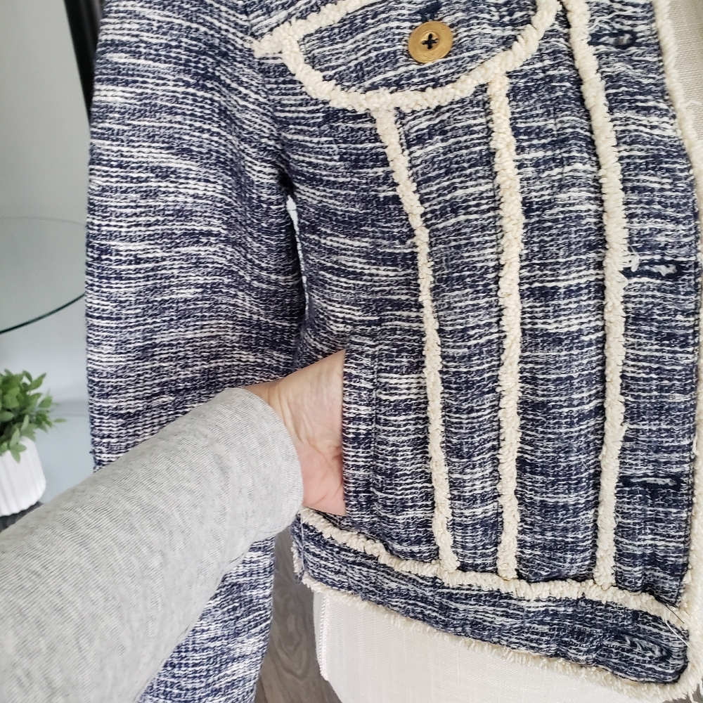 Anthropologie Ett Twa Tweed Jacket Womens Size Xs Blue Cream - Picture 4 of 12